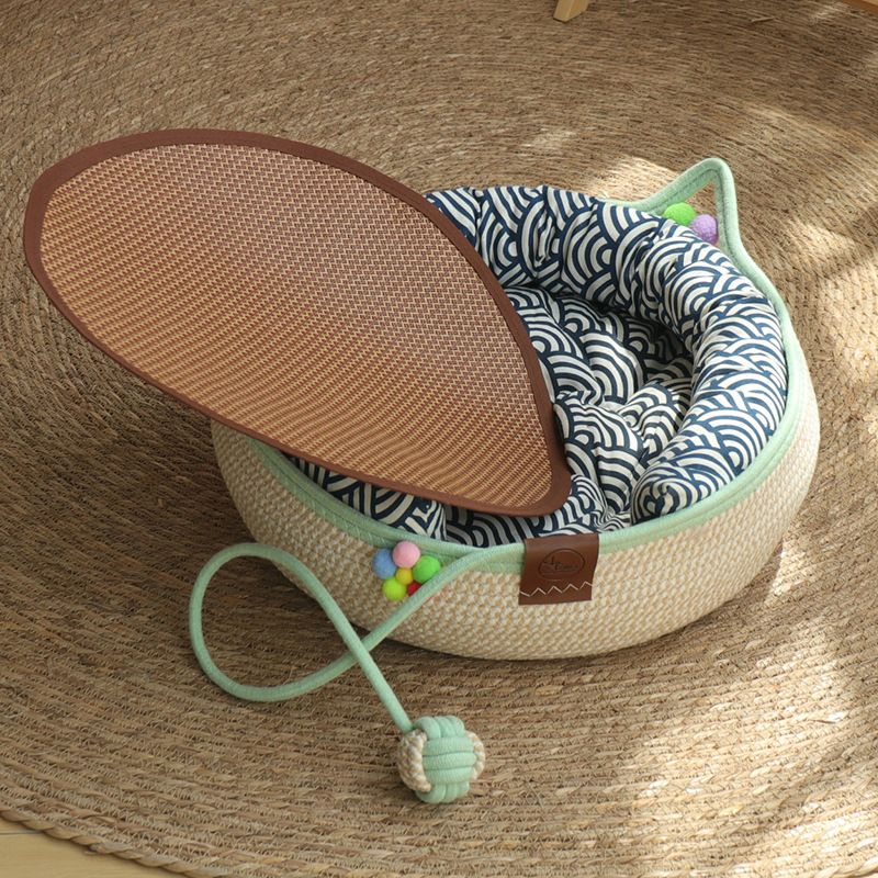M Size Handwoven Natural Rattan Cat Bed and Scratcher - Washable Low-Mess Round Nest with Blue Removable Cushion, Pillow, Cooling Mat and Toy Ball for All-Season Indoor Rest