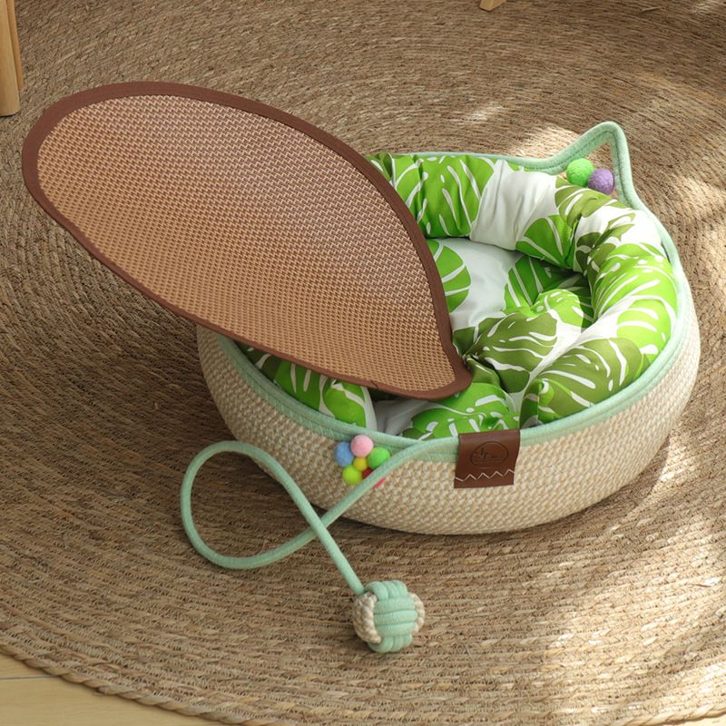 M Size Handwoven Natural Rattan Cat Bed and Scratcher - Washable Low-Mess Round Nest with Green Removable Cushion, Pillow, Cooling Mat and Toy Ball for All-Season Indoor Rest