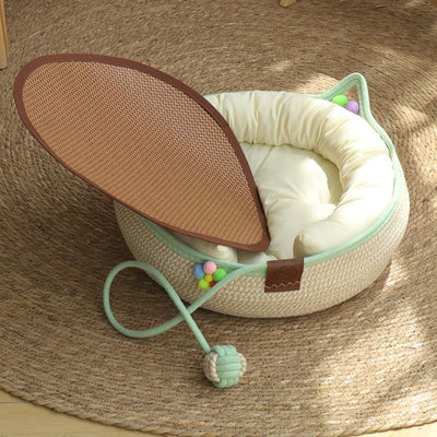 L Size Handwoven Natural Rattan Cat Bed and Scratcher - Washable Low-Mess Round Nest with White Removable Cushion, Pillow, Cooling Mat and Toy Ball for All-Season Indoor Rest
