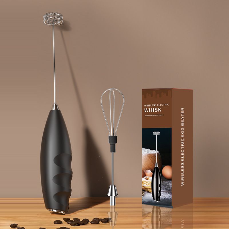 #07 Black Handheld Electric Milk Frother - Battery Powered Dual Whisk with One Touch Control, Detachable Easy Clean Stainless Steel Heads for Coffee Milk Foam and Baking