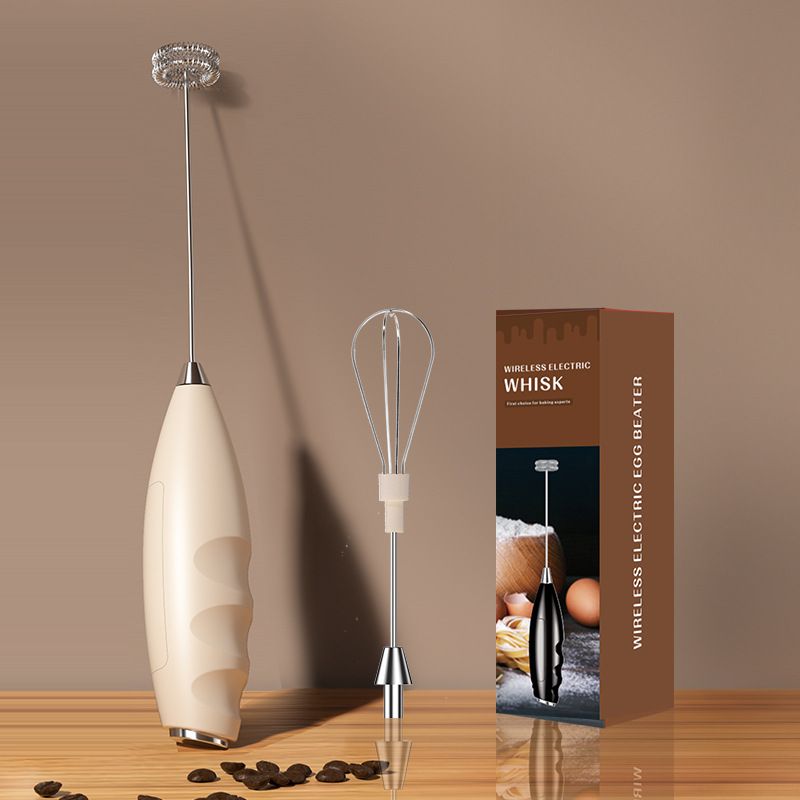 #07 Khaki Handheld Electric Milk Frother - Battery Powered Dual Whisk with One Touch Control, Detachable Easy Clean Stainless Steel Heads for Coffee Milk Foam and Baking