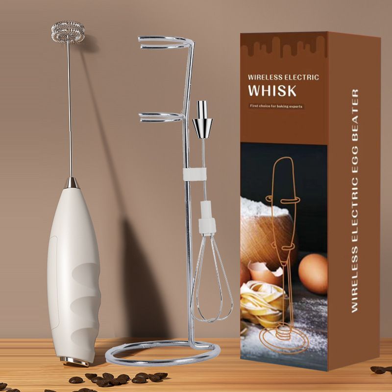 #07 White Handheld Electric Milk Frother and Stand - Battery Powered Dual Whisk with One Touch Control, Detachable Easy Clean Stainless Steel Heads for Coffee Milk Foam and Baking