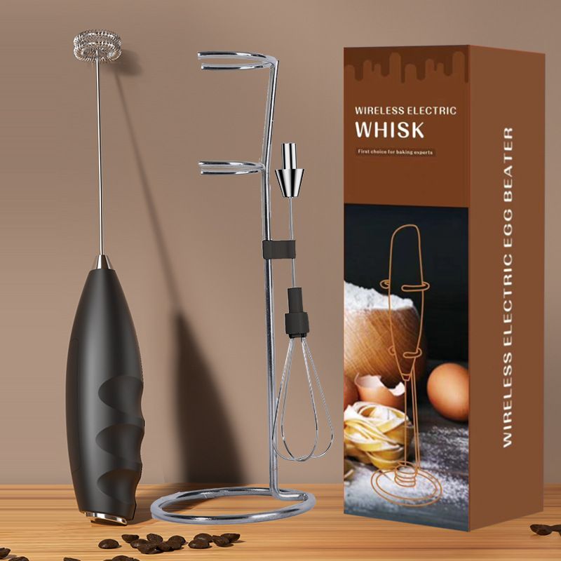 #07 Black Handheld Electric Milk Frother and Stand - Battery Powered Dual Whisk with One Touch Control, Detachable Easy Clean Stainless Steel Heads for Coffee Milk Foam and Baking