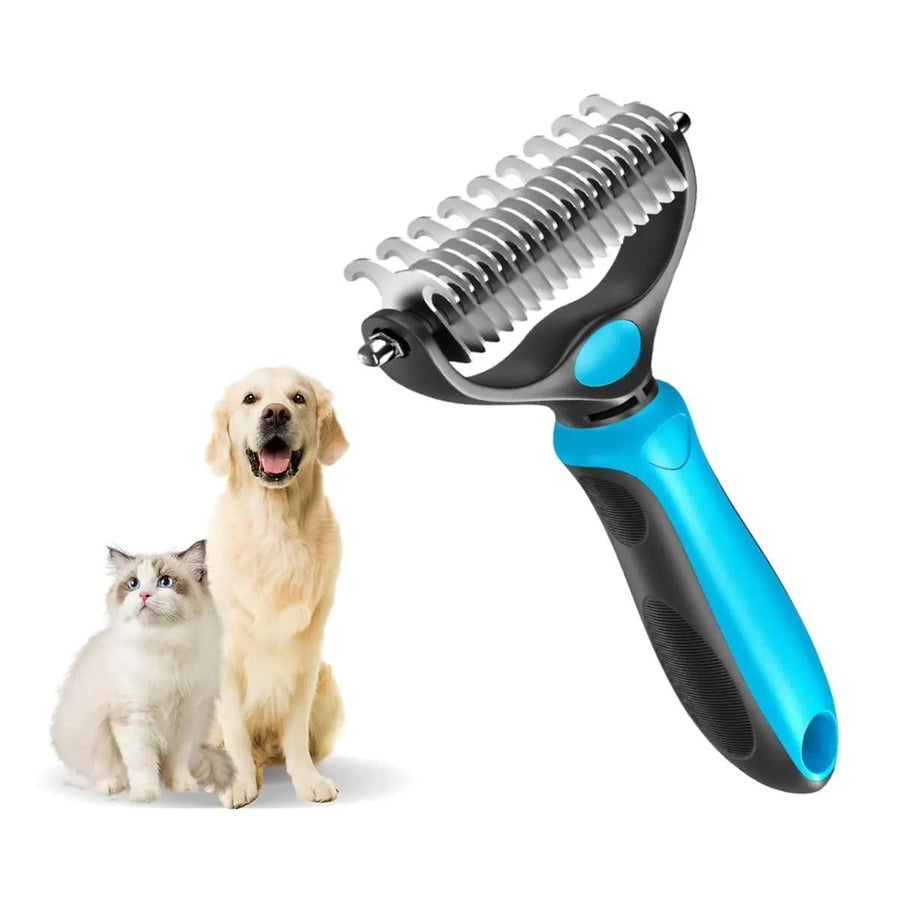 Blue Dual Sided Pet Knot Cutter for Dogs & Cats - 17 / 9 Tooth Undercoat Grooming Rake with Non-Slip TPR Handle, Perfect Long Fur Remove Tangles Mats Knots