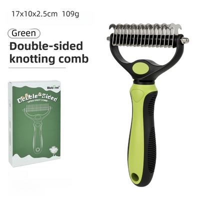 Green Dual Sided Pet Knot Cutter for Dogs & Cats - 17 / 9 Tooth Undercoat Grooming Rake with Non-Slip TPR Handle, Perfect Long Fur Remove Tangles Mats Knots