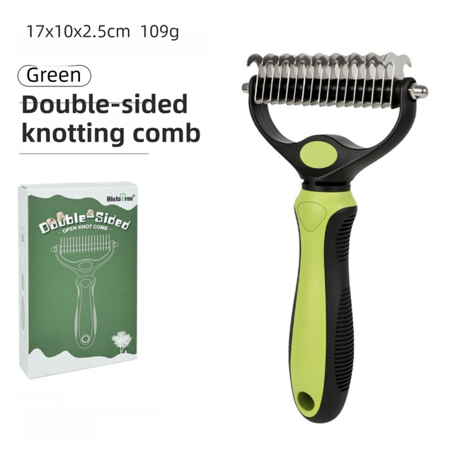 Green Dual Sided Pet Knot Cutter for Dogs & Cats - 17 / 9 Tooth Undercoat Grooming Rake with Non-Slip TPR Handle, Perfect Long Fur Remove Tangles Mats Knots