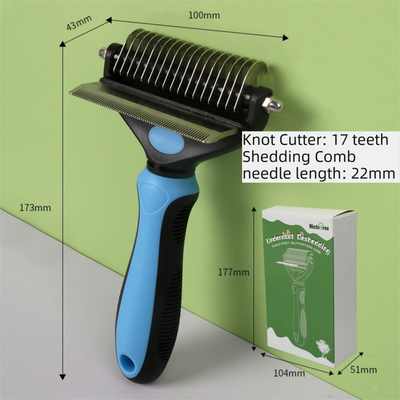 2-in-1 Blue Pet Knot Cutter Built in Shedding Comb for Dogs & Cats - Undercoat Grooming Rake with Non-Slip TPR Handle, Perfect Long Fur Remove Tangles Mats Knots