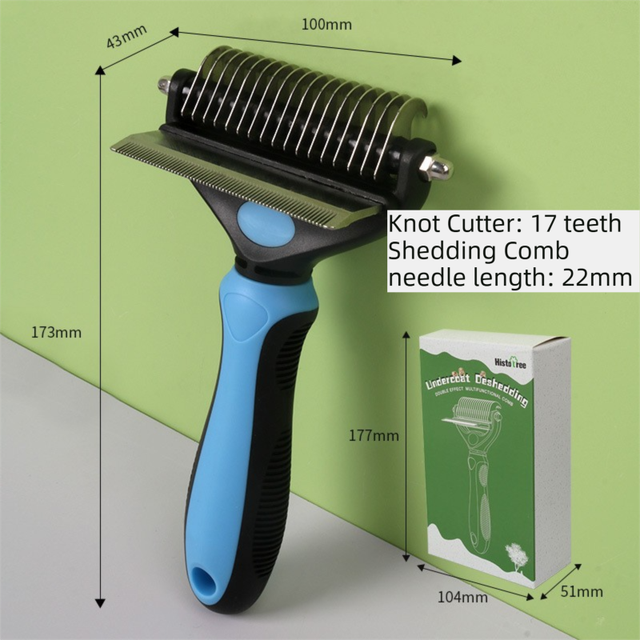 2-in-1 Blue Pet Knot Cutter Built in Shedding Comb for Dogs & Cats - Undercoat Grooming Rake with Non-Slip TPR Handle, Perfect Long Fur Remove Tangles Mats Knots