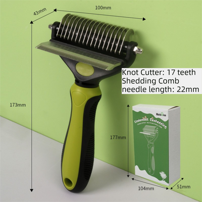 2-in-1 Green Pet Knot Cutter Built in Shedding Comb for Dogs & Cats - Undercoat Grooming Rake with Non-Slip TPR Handle, Perfect Long Fur Remove Tangles Mats Knots