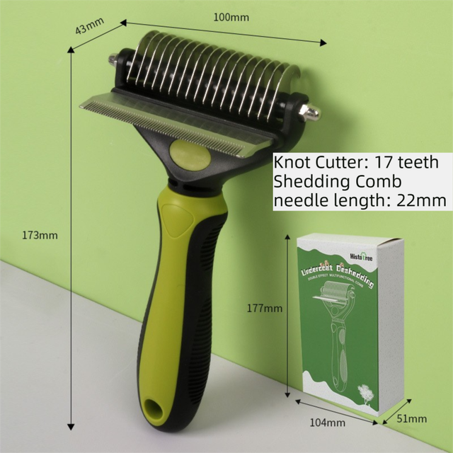 2-in-1 Green Pet Knot Cutter Built in Shedding Comb for Dogs & Cats - Undercoat Grooming Rake with Non-Slip TPR Handle, Perfect Long Fur Remove Tangles Mats Knots