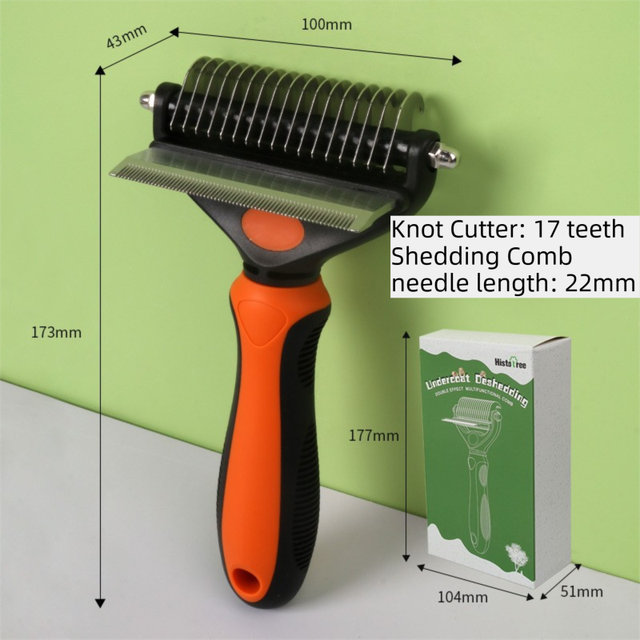 2-in-1 Orange Pet Knot Cutter Built in Shedding Comb for Dogs & Cats - Undercoat Grooming Rake with Non-Slip TPR Handle, Perfect Long Fur Remove Tangles Mats Knots
