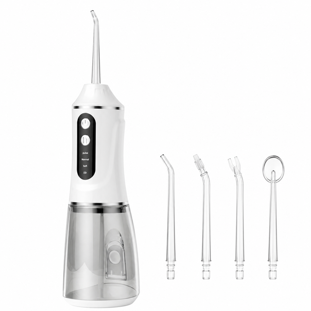 White Rechargeable Water Flosser Oral Irrigator with 3 Pressure Modes & 4 Nozzles - 380ml Detachable Tank, Type-C Charging, 0.6MM Fine Water Flow and 1600 Pulses Per Minute