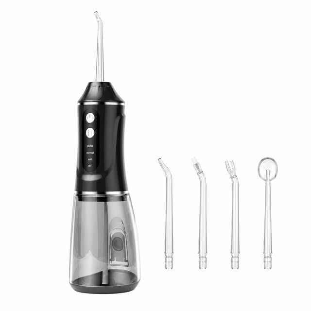 Black Rechargeable Water Flosser Oral Irrigator with 3 Pressure Modes & 4 Nozzles - 380ml Detachable Tank, Type-C Charging, 0.6MM Fine Water Flow and 1600 Pulses Per Minute