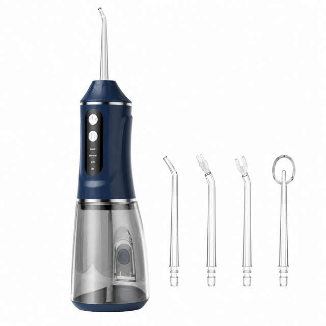 Blue Rechargeable Water Flosser Oral Irrigator with 3 Pressure Modes & 4 Nozzles - 380ml Detachable Tank, Type-C Charging, 0.6MM Fine Water Flow and 1600 Pulses Per Minute