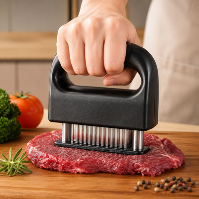 Stainless Steel Meat Tenderizer Tool - Heavy Duty 48 Needle Spring Loaded Tenderiser with Safe Baffle and Handle for Steak Beef Pressing and Everyday Kitchen Prep
