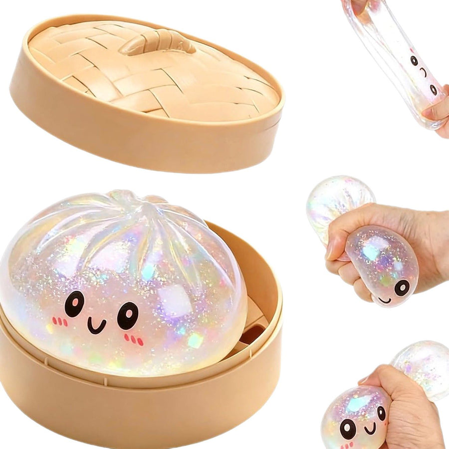 Realistic Steamed Bun Squishy Stress Relief Toy with Steamer Basket - Pearl White Glitter TPR Slow Rebound Squeeze Fidget for Adults