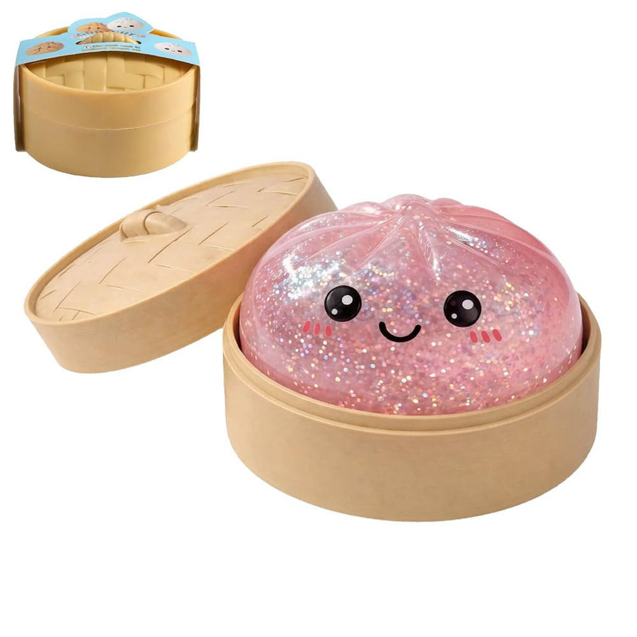Realistic Steamed Bun Squishy Stress Relief Toy with Steamer Basket - Pink Glitter TPR Slow Rebound Squeeze Fidget for Adults