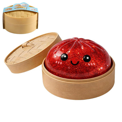 Realistic Steamed Bun Squishy Stress Relief Toy with Steamer Basket - Red Glitter TPR Slow Rebound Squeeze Fidget for Adults