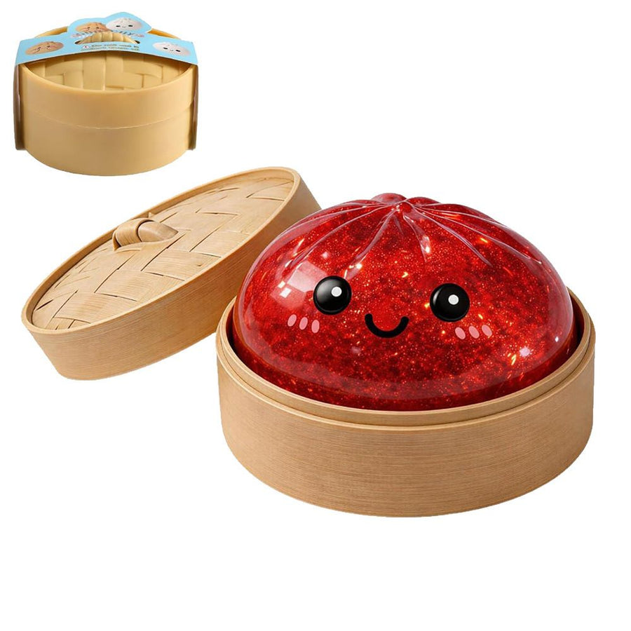Realistic Steamed Bun Squishy Stress Relief Toy with Steamer Basket - Red Glitter TPR Slow Rebound Squeeze Fidget for Adults