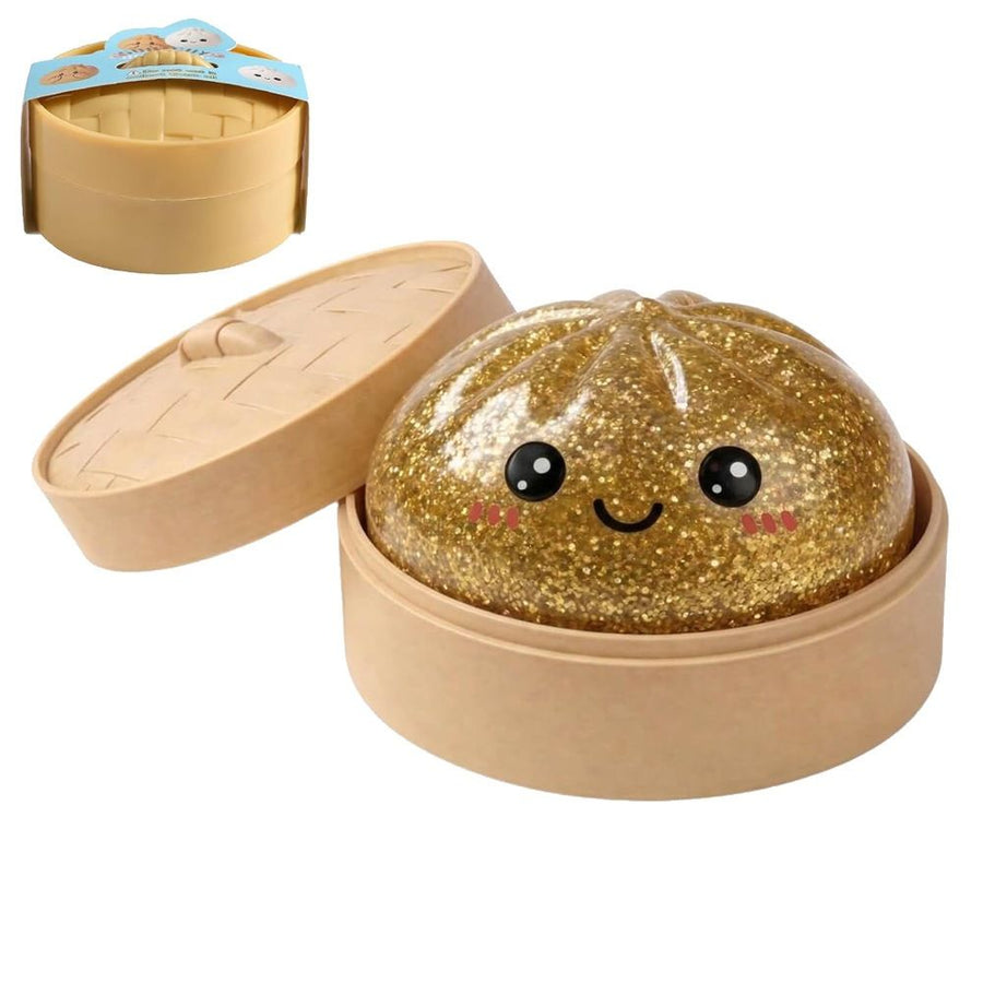 Realistic Steamed Bun Squishy Stress Relief Toy with Steamer Basket - Gold Glitter TPR Slow Rebound Squeeze Fidget for Adults