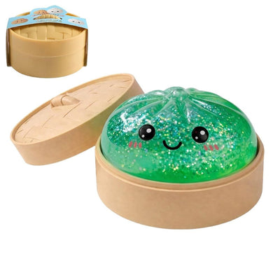 Realistic Steamed Bun Squishy Stress Relief Toy with Steamer Basket - Green Glitter TPR Slow Rebound Squeeze Fidget for Adults