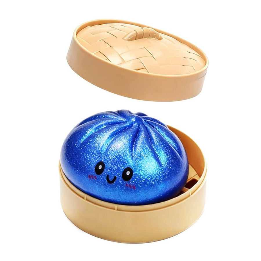 Realistic Steamed Bun Squishy Stress Relief Toy with Steamer Basket - Blue Glitter TPR Slow Rebound Squeeze Fidget for Adults
