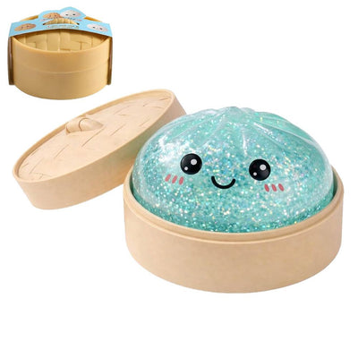 Realistic Steamed Bun Squishy Stress Relief Toy with Steamer Basket - Cyan Glitter TPR Slow Rebound Squeeze Fidget for Adults