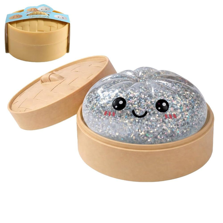 Realistic Steamed Bun Squishy Stress Relief Toy with Steamer Basket - Silver Glitter TPR Slow Rebound Squeeze Fidget for Adults