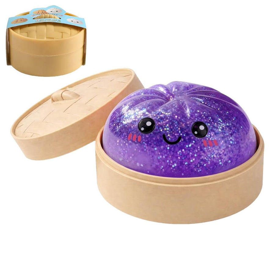 Realistic Steamed Bun Squishy Stress Relief Toy with Steamer Basket - Purple Glitter TPR Slow Rebound Squeeze Fidget for Adults
