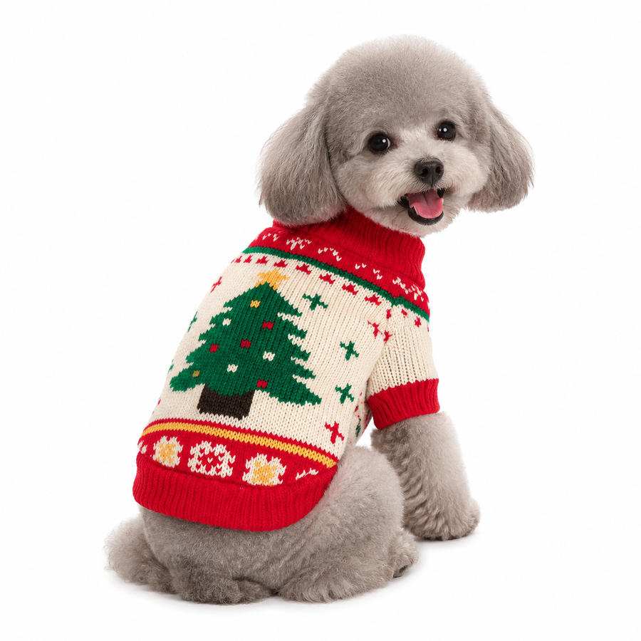 Red and Green  M Size Christmas tree pattern Christmas Pet Knitted Dress - Acrylic Dog and Cat Jumper, Lightweight Festive Winter Outfit for Pets, Holiday Photos and Celebrations