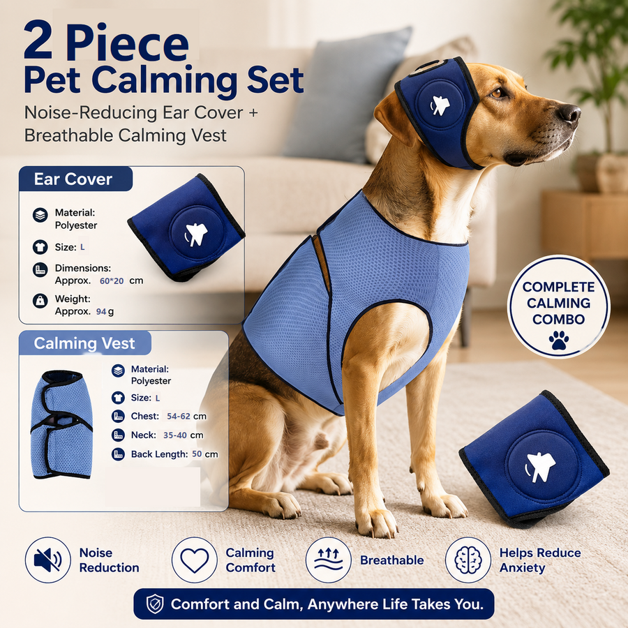 Blue L Size Dog Anxiety Relief Set - Breathable Mesh Calming Vest and Noise Reducing Earmuffs for Dogs, Thunderstorm and Fireworks Stress Support