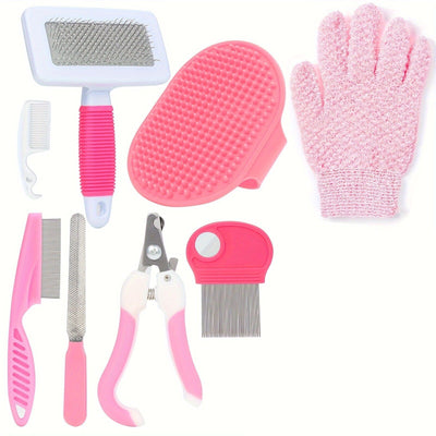 Pink 8-Piece Pet Grooming Kit - Nail Clippers, Slicker Brush, Flea Comb & Bath Glove for Dogs Cats Rabbits, Complete Home Care Pet Set