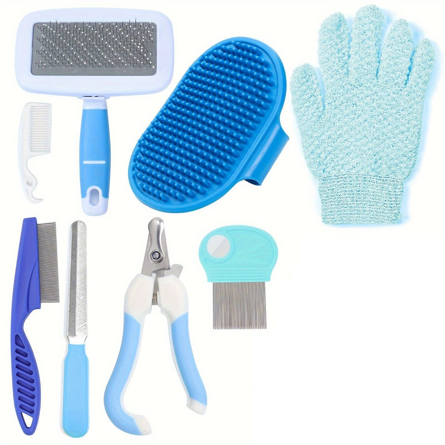 Blue 8-Piece Pet Grooming Kit - Nail Clippers, Slicker Brush, Flea Comb & Bath Glove for Dogs Cats Rabbits, Complete Home Care Pet Set