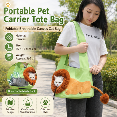 Lion Style Canvas Pet Carrier Green Bag（small size 35*12*24cm） - Adjustable Head Opening, Breathable Mesh, 8cm Wide Shoulder Strap, PE Support Base, Portable Crossbody Sling for Cats and Small Dogs, Travel Friendly Design