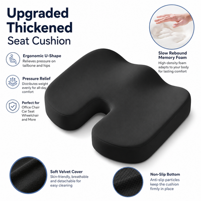 Black Memory Foam Seat Cushion - 45 x 36 x 7 cm Milk Silk Removable Cover, Portable Chair Pad for Office, Car, Flights and Stadium Seating