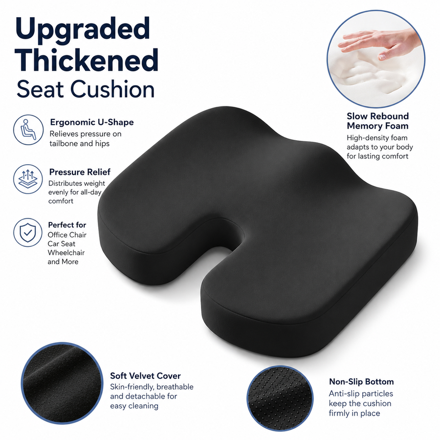 Black Memory Foam Seat Cushion - 45 x 36 x 7 cm Milk Silk Removable Cover, Portable Chair Pad for Office, Car, Flights and Stadium Seating