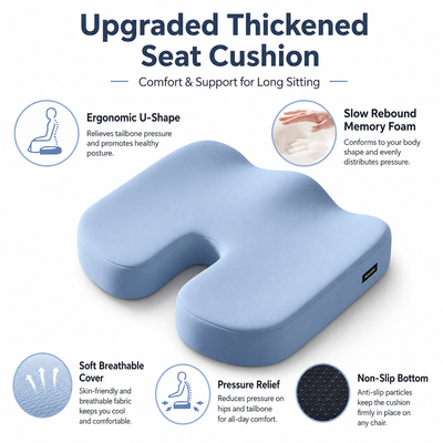 Blue Memory Foam Seat Cushion - 45 x 36 x 7 cm Milk Silk Removable Cover, Portable Chair Pad for Office, Car, Flights and Stadium Seating