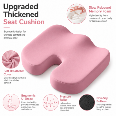 Pink Memory Foam Seat Cushion - 45 x 36 x 7 cm Milk Silk Removable Cover, Portable Chair Pad for Office, Car, Flights and Stadium Seating