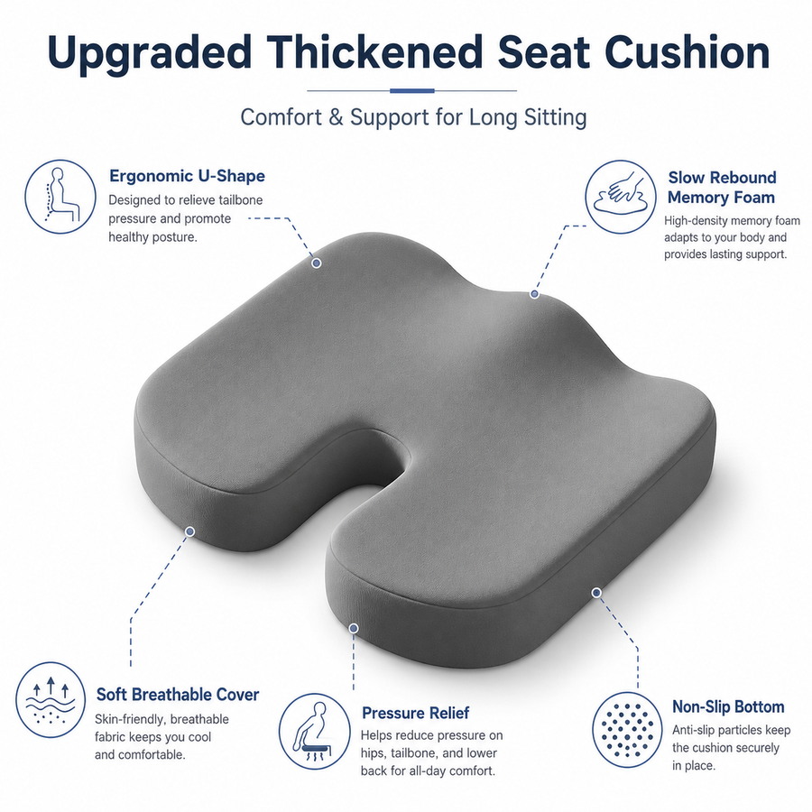 Grey Memory Foam Seat Cushion - 45 x 36 x 7 cm Milk Silk Removable Cover, Portable Chair Pad for Office, Car, Flights and Stadium Seating