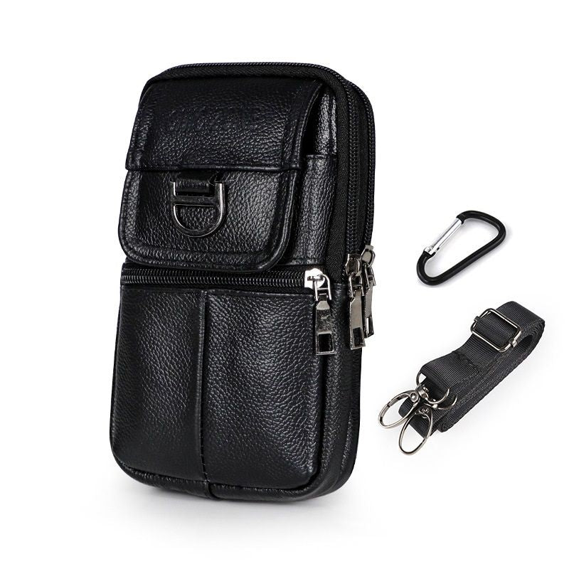 Black Leather Belt Phone Pouch - Multi-Pocket Waist Bag with Shoulder Strap, Durable Zipper Closure for Work, Cycling & Daily Carry
