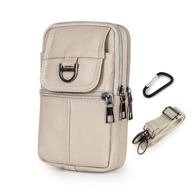 Beige Leather Belt Phone Pouch - Multi-Pocket Waist Bag with Shoulder Strap, Durable Zipper Closure for Work, Cycling & Daily Carry