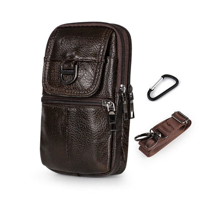 Dark brown Leather Belt Phone Pouch - Multi-Pocket Waist Bag with Shoulder Strap, Durable Zipper Closure for Work, Cycling & Daily Carry