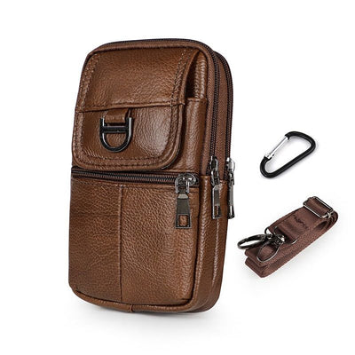 Brown Leather Belt Phone Pouch - Multi-Pocket Waist Bag with Shoulder Strap, Durable Zipper Closure for Work, Cycling & Daily Carry