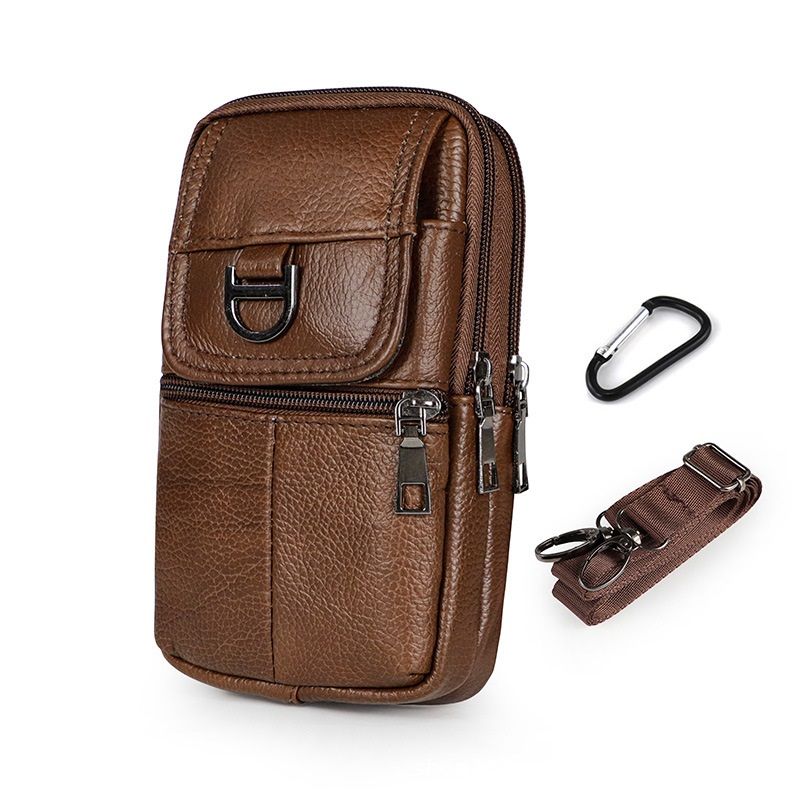 Brown Leather Belt Phone Pouch - Multi-Pocket Waist Bag with Shoulder Strap, Durable Zipper Closure for Work, Cycling & Daily Carry