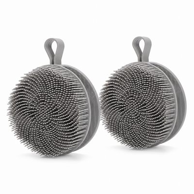 2 Pcs Grey Double-Sided Silicone Body Scrubber - Dual-Texture Bath Brush for Exfoliating, Lathering & Scalp Massage, Anti-slip strip & Hanging Loop