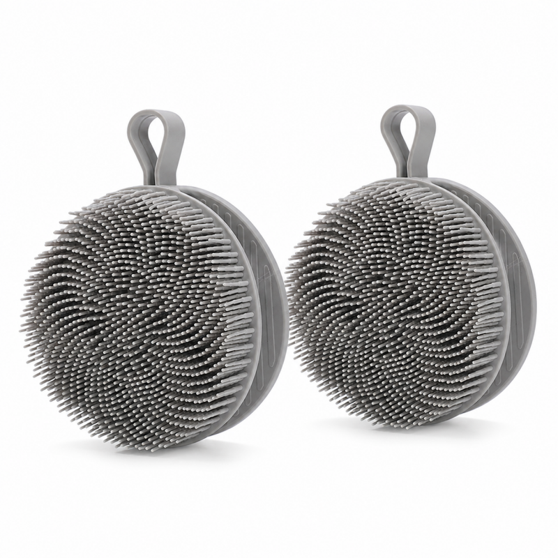 2 Pcs Grey Double-Sided Silicone Body Scrubber - Dual-Texture Bath Brush for Exfoliating, Lathering & Scalp Massage, Anti-slip strip & Hanging Loop