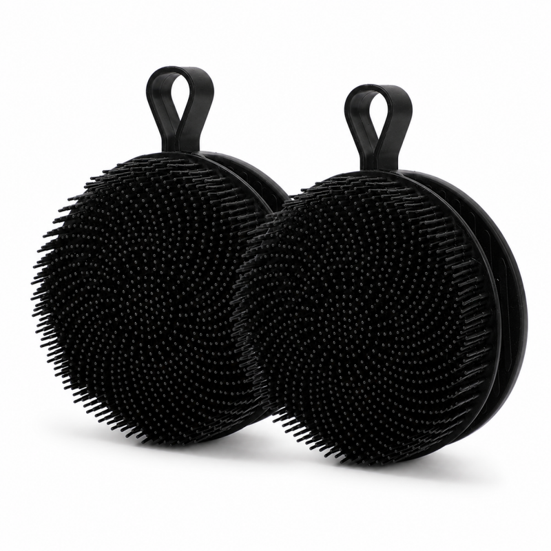 2 Pcs Black Double-Sided Silicone Body Scrubber - Dual-Texture Bath Brush for Exfoliating, Lathering & Scalp Massage, Anti-slip strip & Hanging Loop
