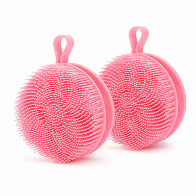 2 Pcs Pink Double-Sided Silicone Body Scrubber - Dual-Texture Bath Brush for Exfoliating, Lathering & Scalp Massage, Anti-slip strip & Hanging Loop