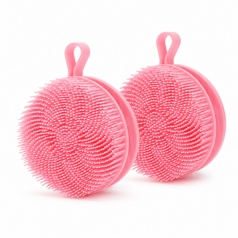 2 Pcs Pink Double-Sided Silicone Body Scrubber - Dual-Texture Bath Brush for Exfoliating, Lathering & Scalp Massage, Anti-slip strip & Hanging Loop