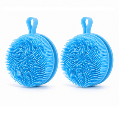 2 Pcs Blue Double-Sided Silicone Body Scrubber - Dual-Texture Bath Brush for Exfoliating, Lathering & Scalp Massage, Anti-slip strip & Hanging Loop
